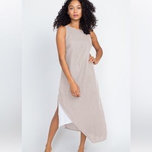 KORESWIM, Small, Linen and Cotton Blend, Tan and White Unique Layered Midi-Dress